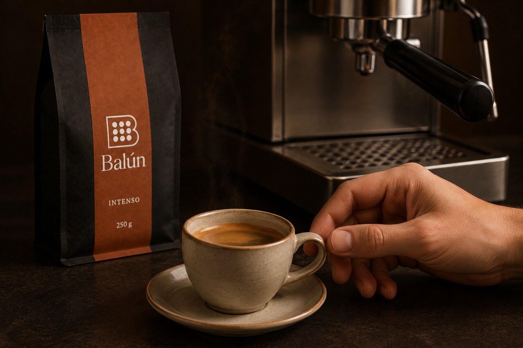 Café Balún Intenso junto a espresso servido en máquina profesional