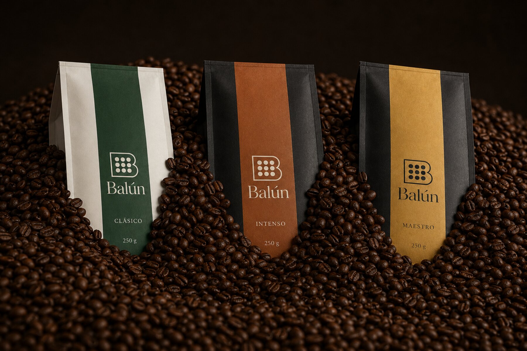 Bolsas de café Balún sobre granos tostados